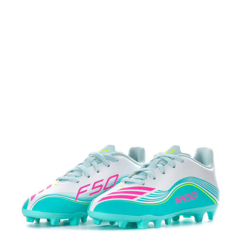 Kids soccer cleats with white uppers, teal outsole, pink F50 logo and Messi text