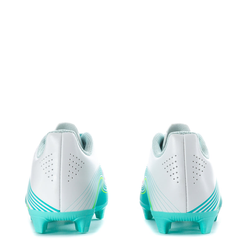 Kids soccer cleats back view: white heel with aqua outsole and F50 side stripes