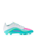 Youth soccer cleat, white with aqua laces and pink/green Messi graphic, molded studs