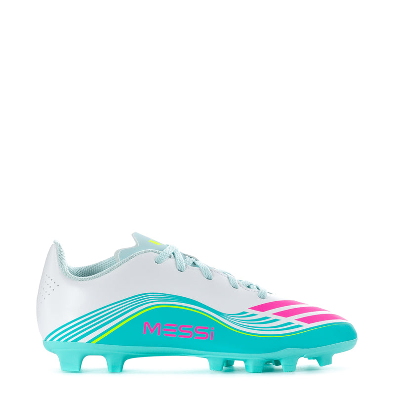 Youth soccer cleat, white with aqua laces and pink/green Messi graphic, molded studs
