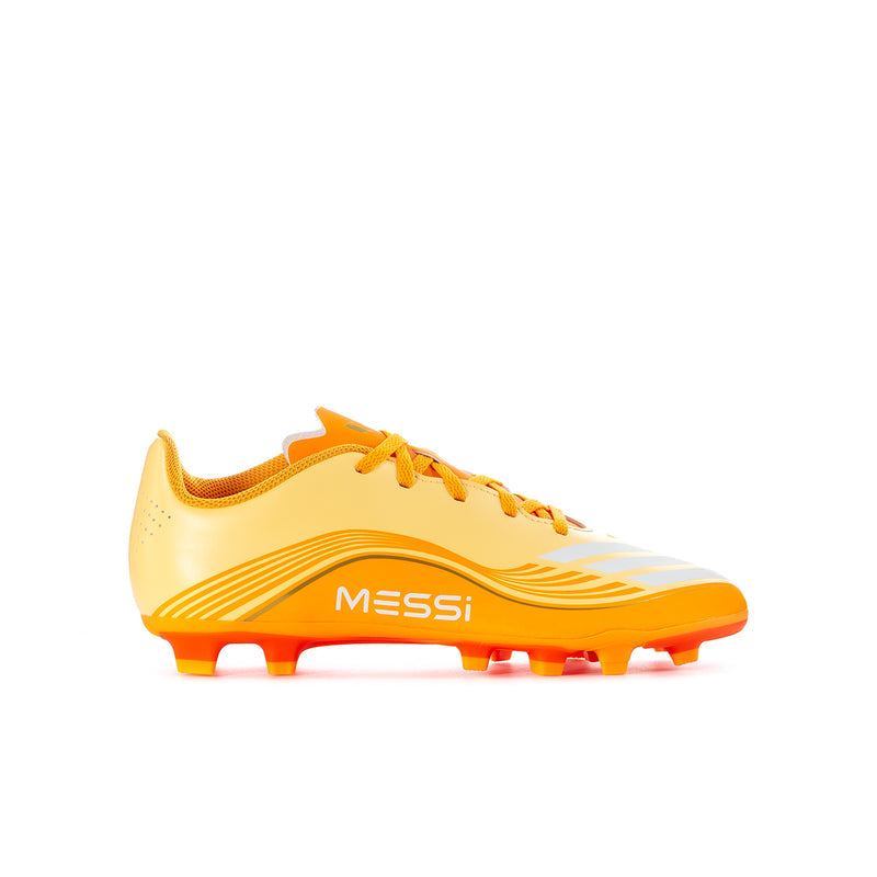 Youth soccer cleat in light yellow with orange accents, front three-quarter view, 'Messi' logo.