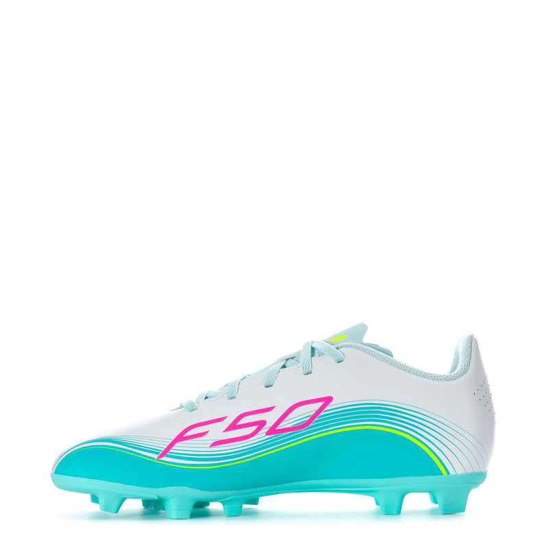 Youth soccer cleat, white with F50 graphic, aqua outsole and teal/pink stripes, studs