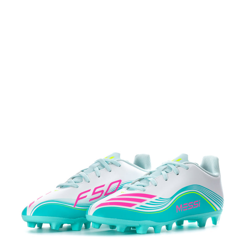 Youth soccer cleats, white uppers with aqua outsole, pink F50 and MESSI side logos