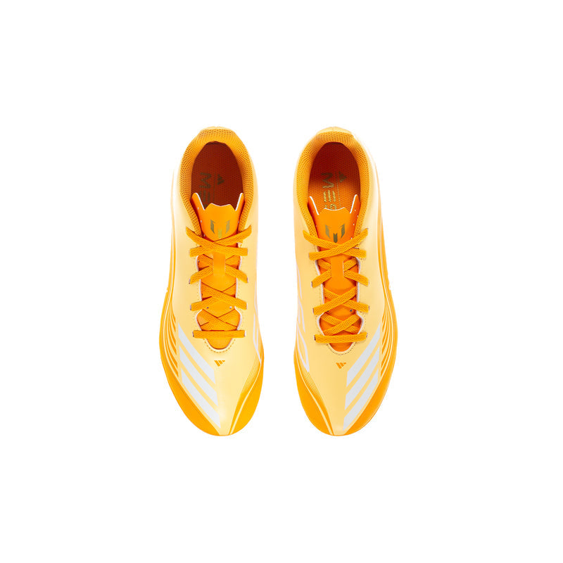 Youth soccer cleats, light yellow with orange laces; two shoes shown with toe openings.