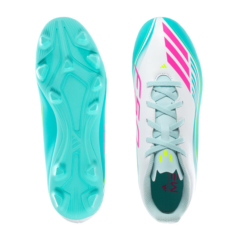 Youth soccer cleats, light aqua studded outsole bottoms, white uppers with teal and pink stripes