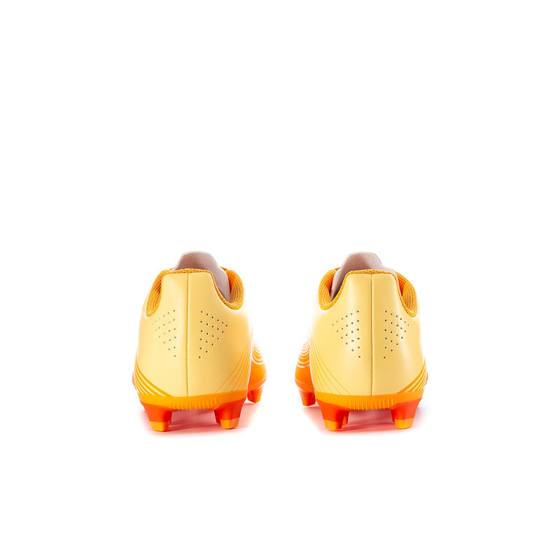 Youth soccer cleats, light yellow heels with orange back panels and molded cleat studs.