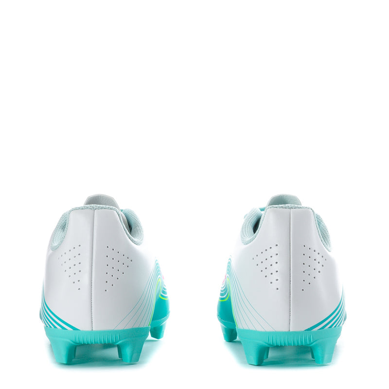 Youth soccer cleats heel view, white back panels with aqua trim and studded outsole