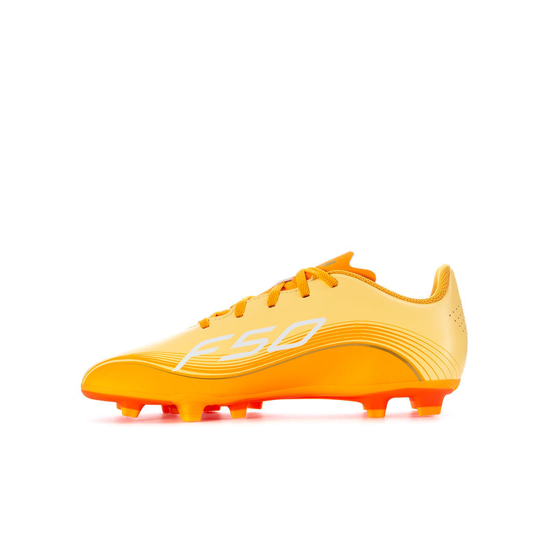 Youth soccer cleat, light yellow with orange trim; side profile with curved stripe design.