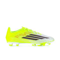 Men's soccer cleat in neon yellow with black graphic stripes and red accents