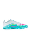 Youth soccer cleats with white upper, turquoise accents, pink logo, and Messi branding
