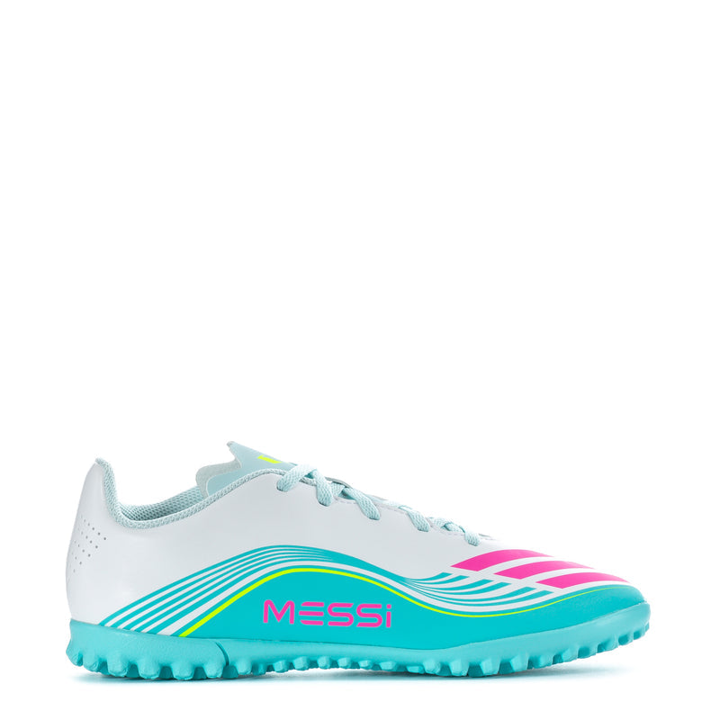 Youth soccer cleats with white upper, turquoise accents, pink logo, and Messi branding