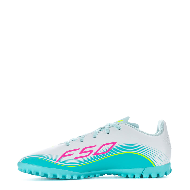 Youth soccer cleats side view, white with turquoise sole and F50 branding