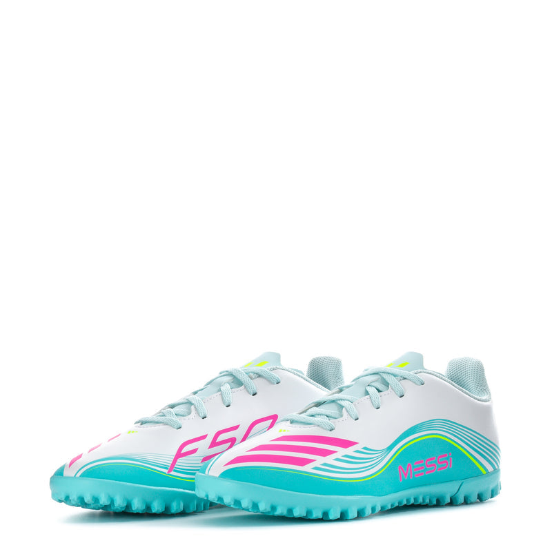 Youth soccer cleats front view with white upper, pink F50 stripes, turquoise sole