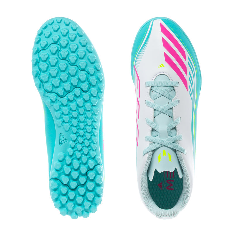 Youth soccer cleats outsole and top view, turquoise studs and white upper