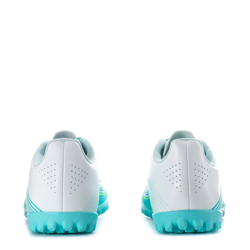 Youth soccer cleats heel view with white upper and turquoise rubber sole trim