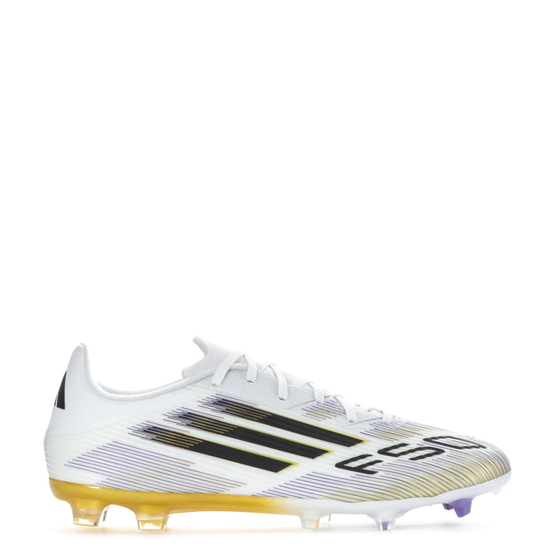 Men's football cleats, white synthetic upper with black and gold stripes, FG studs.