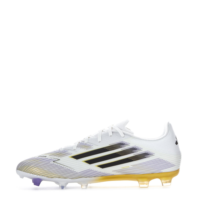 White football cleats with black/gold detailing, low-profile FG outsole and lace-up front.