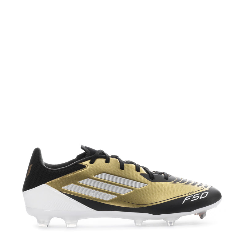 Men's soccer cleats, gold and black with white stripes, low top, FG studs