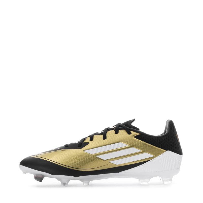Men's soccer cleats, gold upper with white stripe detail, black laces and FG studs
