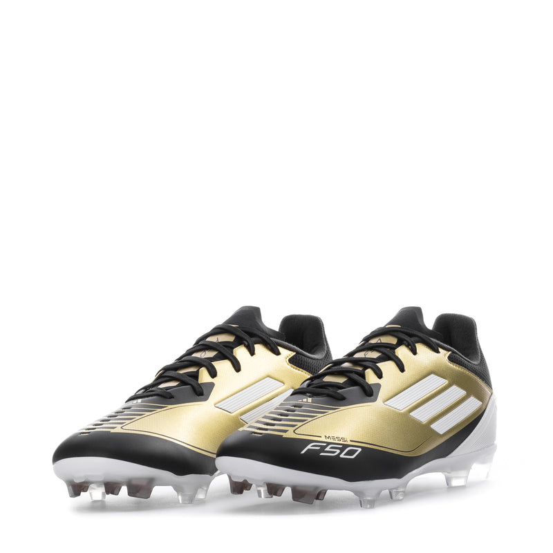 Men's soccer cleats, pair view in gold and black with white stripes and FG studs