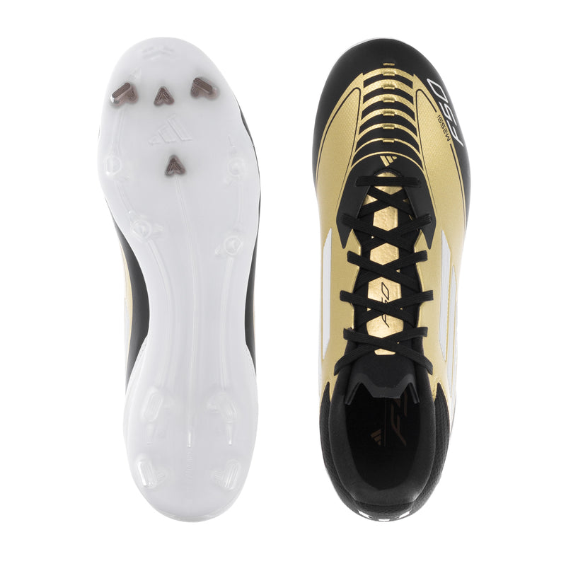 Men's soccer cleats outsole and side view, white sole with studs, black laces