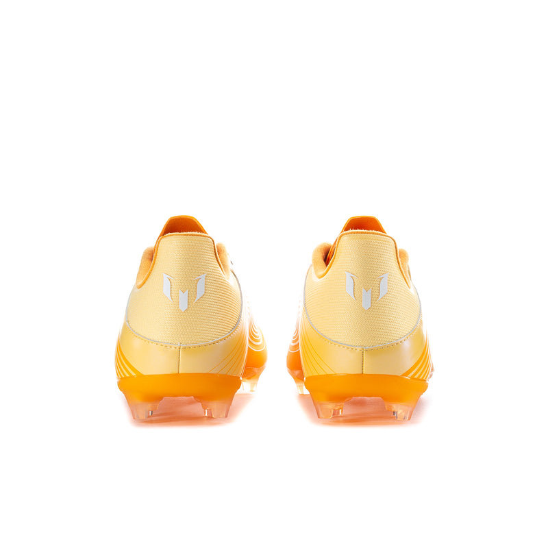 Men's low-top soccer cleats heel view with orange outsole and cream upper