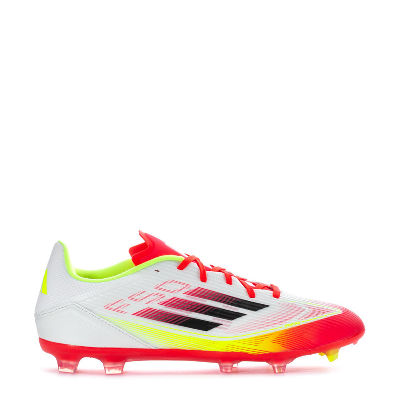 White/red/yellow soccer cleat, low-top lace-up, molded studs