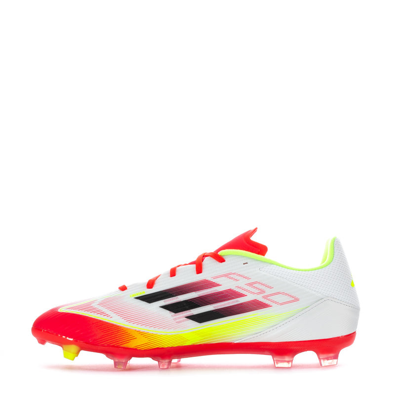 White/red/yellow soccer cleat, side view, low-top lace-up with molded studs