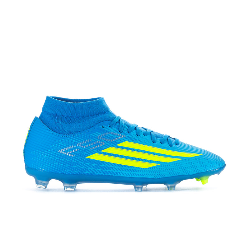 Men's mid-top football boots in bright blue with yellow stripes and studded sole