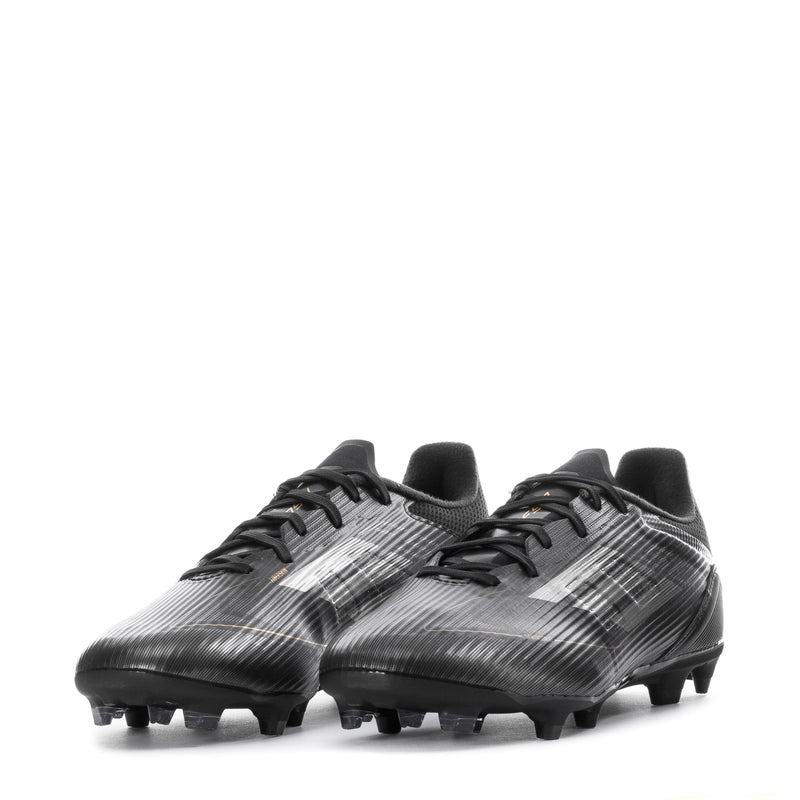 Men's mid-cut soccer cleats, front pair view in black with silver striped upper