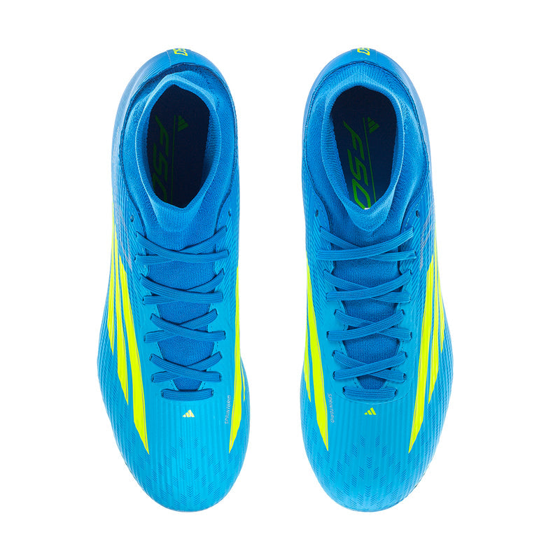 Men's mid-top football boots, tongue and laces visible, bright blue with yellow stripes