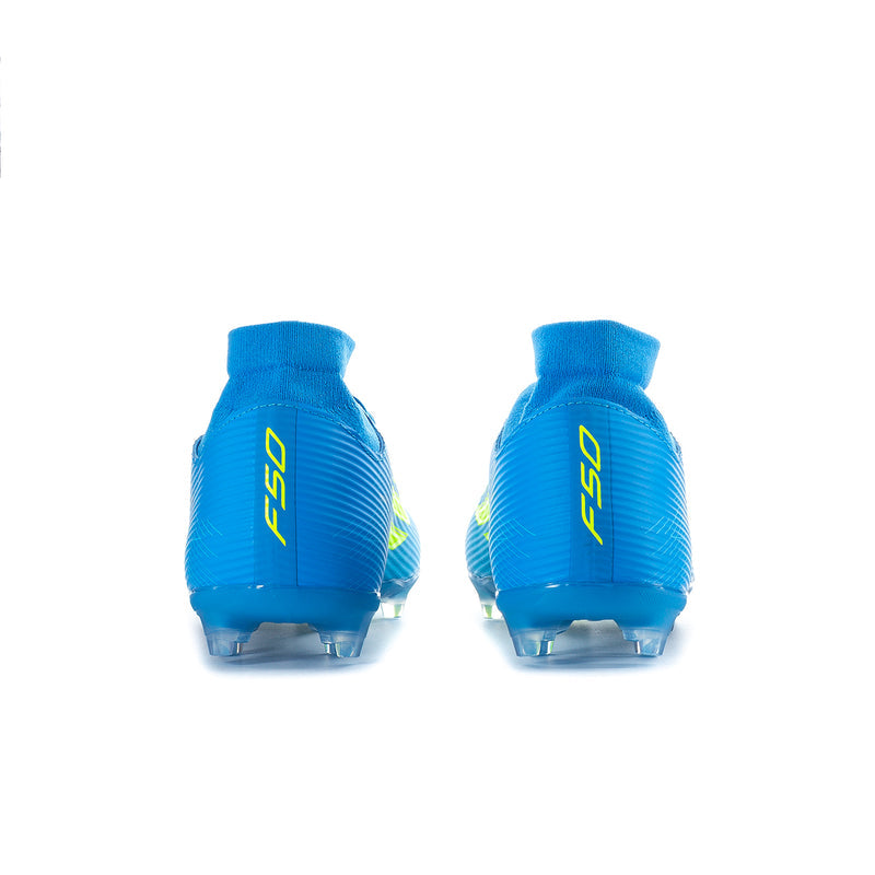 Men's mid-top football boots, rear view in bright blue with yellow stripe accents