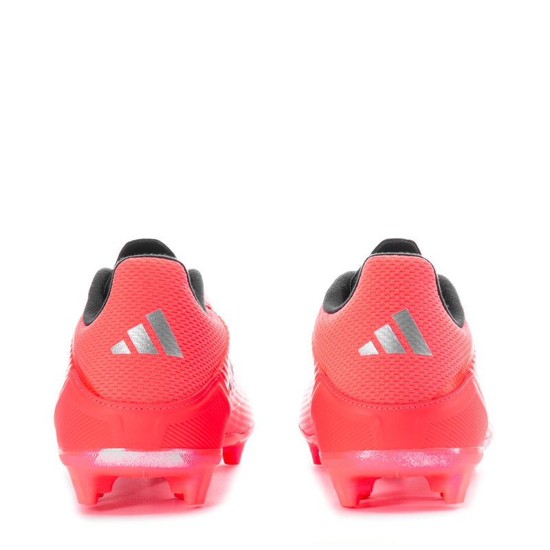 Red men's football cleats rear view with black collar and small heel logos.