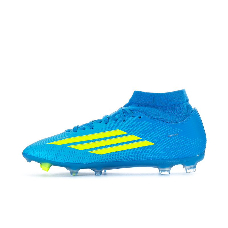 Men's mid-top football boots, front side view in bright blue with neon yellow stripes
