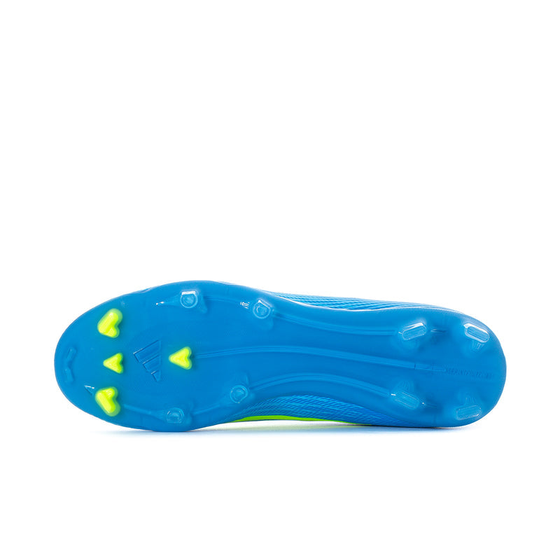Men's football boots outsole, bright blue base with mixed studs and neon yellow details