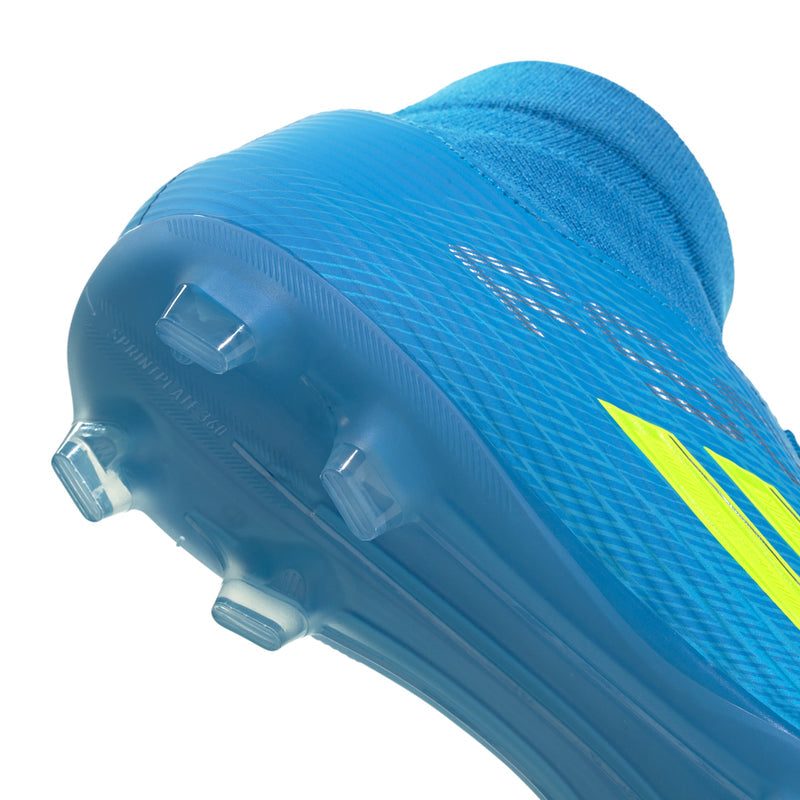 Men's mid-top football boot heel close-up, blue studs and neon yellow stripe detail