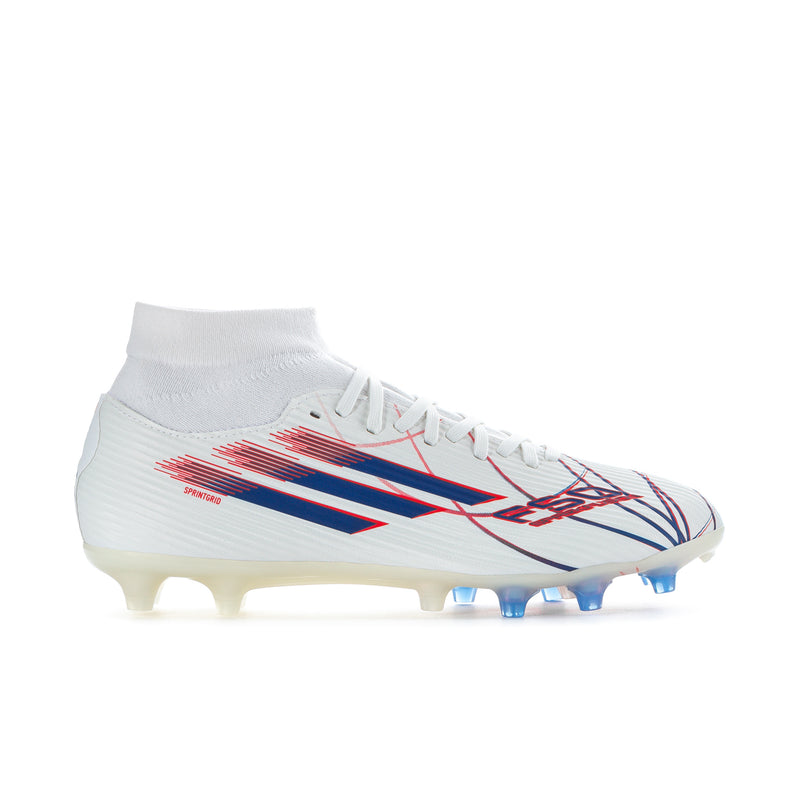 Women’s mid-cut soccer cleats, white with blue and red graphics, blue studs