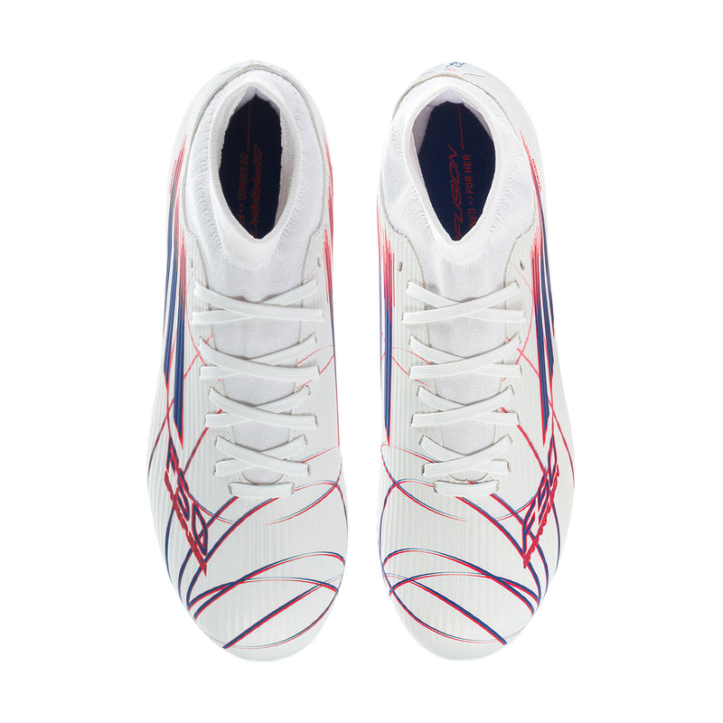 Women’s soccer cleats (pair) with white laces and blue/red line artwork, mid-cut