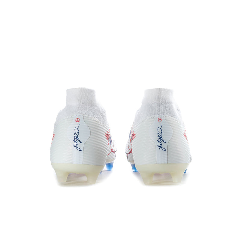 Women’s mid-cut soccer cleats, white back view with blue/red accents, blue studs