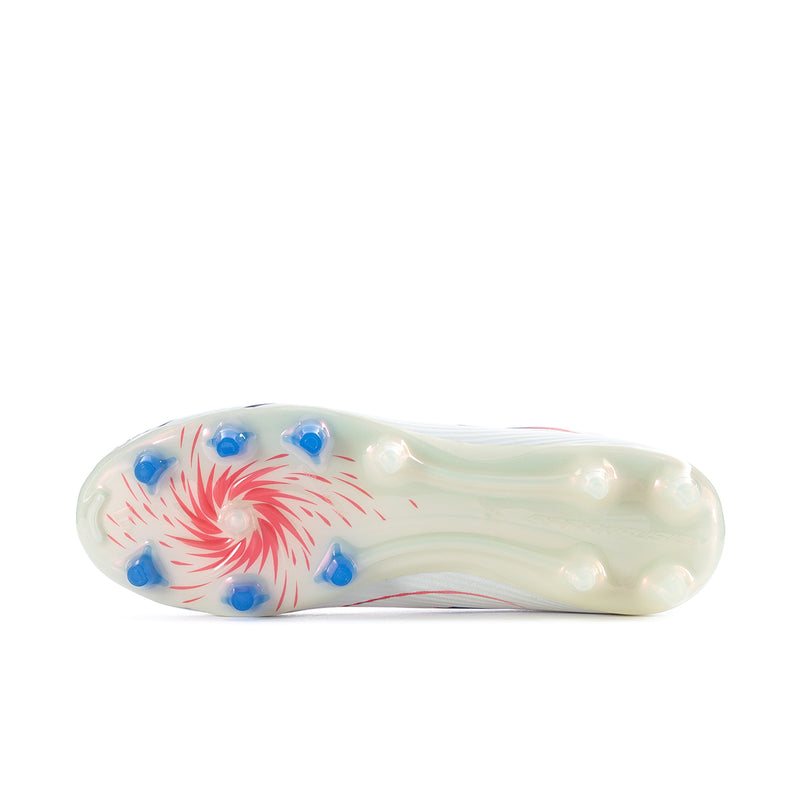 Women’s soccer cleats outsole bottom, white base with blue studs and red pattern