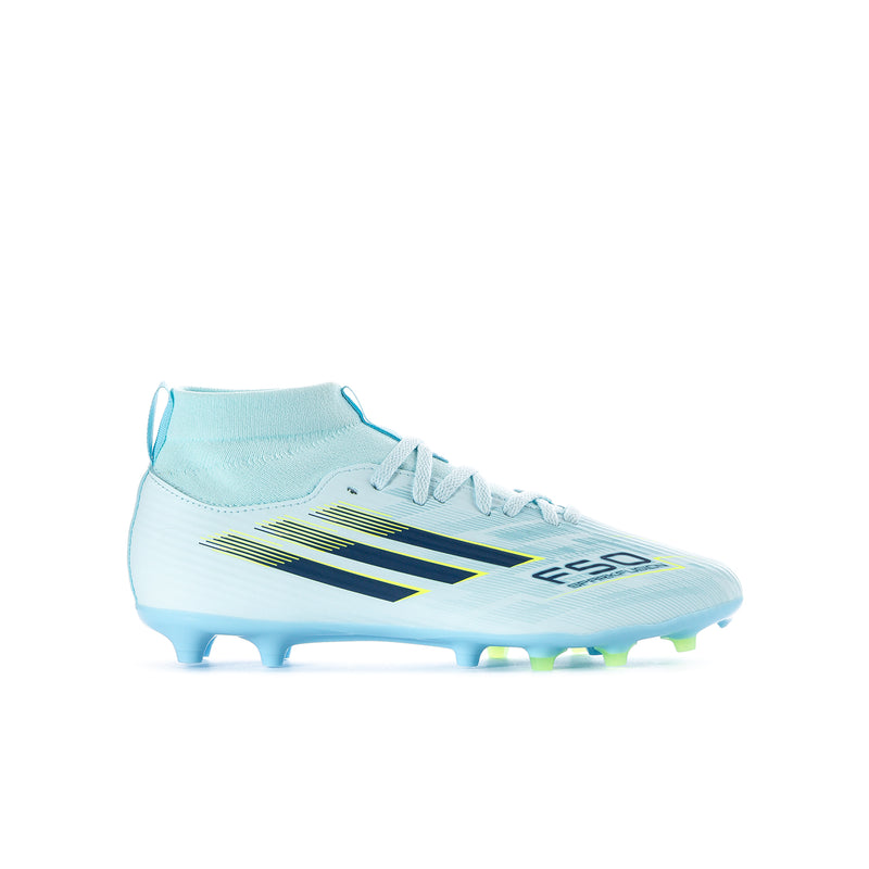 Youth soccer cleat in light blue with neon yellow-green accents and plastic studs