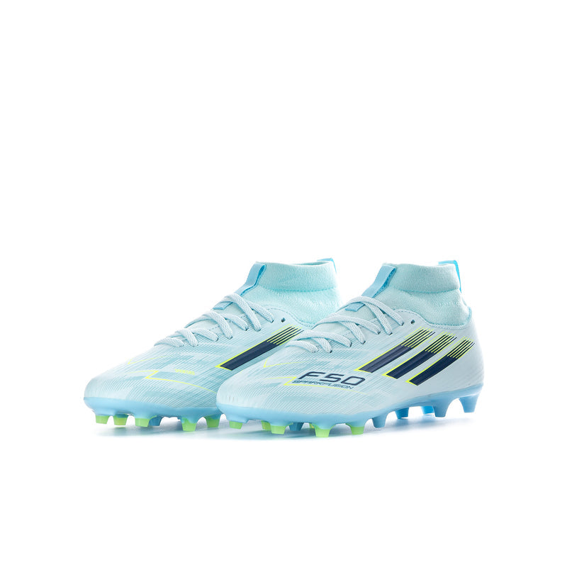 Youth mid-cut soccer cleat with light blue upper, striped graphics, and molded studs