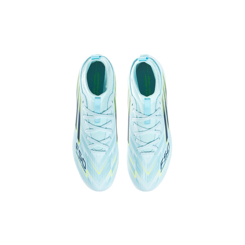 Pair of youth soccer cleats, light blue knit upper with lace-up front and molded sole