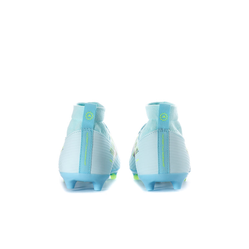 Youth soccer cleats, light blue heel with back collar and pull tab detail