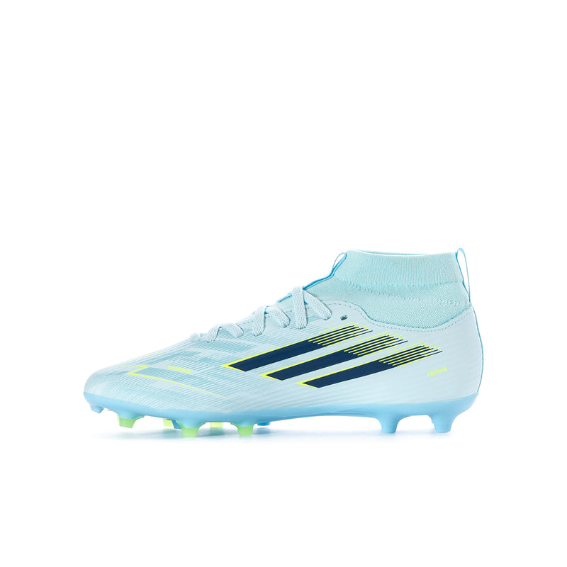 Youth soccer cleat in light blue with black and neon stripe graphics and toe studs