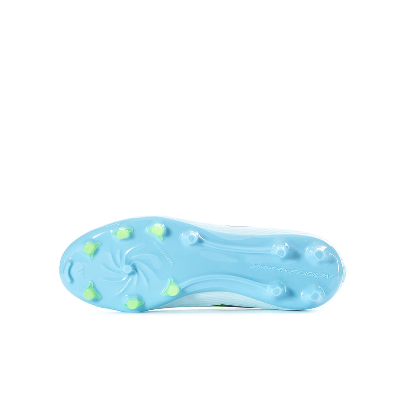 Youth cleat outsole in light blue with lime-green stud tips