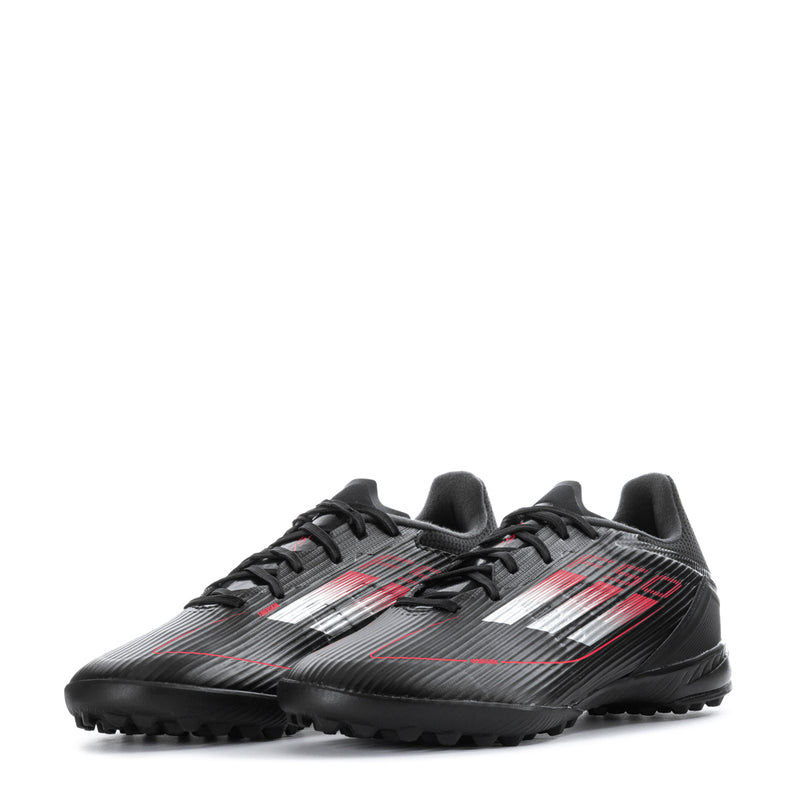 Men's black soccer cleats pair, side-by-side view with red and white graphics