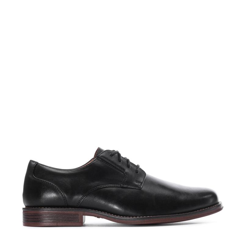 Men's black leather lace-up oxford shoe with brown sole and low heel