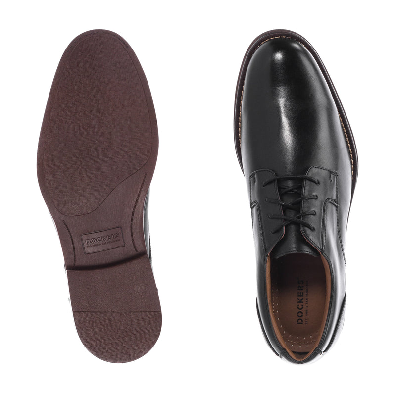 Men's black leather lace-up shoe soles shown, brown rubber outsole