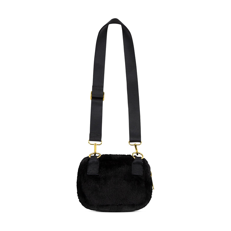 Black faux fur camera bag with adjustable crossbody strap and gold rings